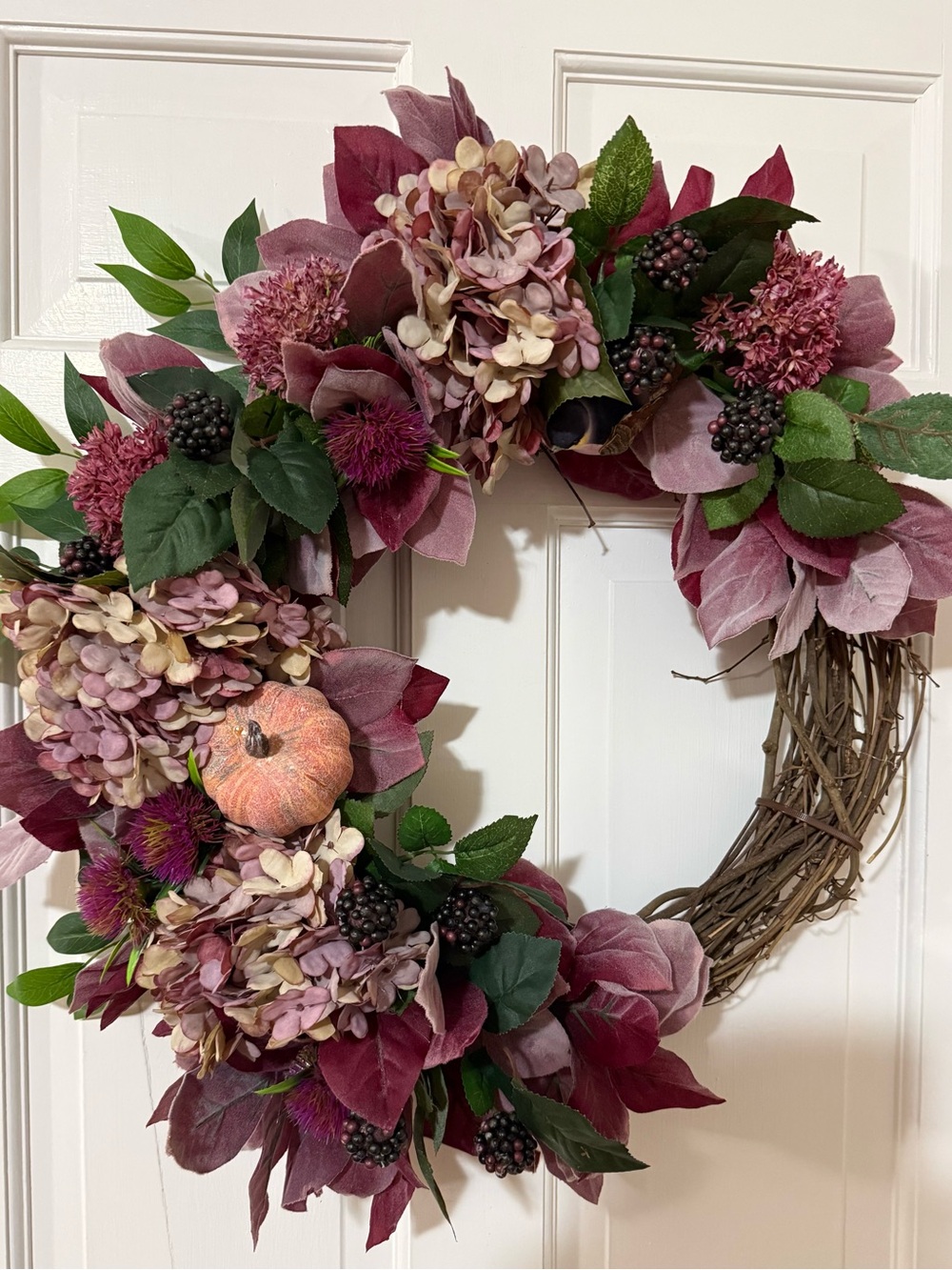 Autumn Plum Hydrangea & Pumpkin Wreath  Hand Crafted